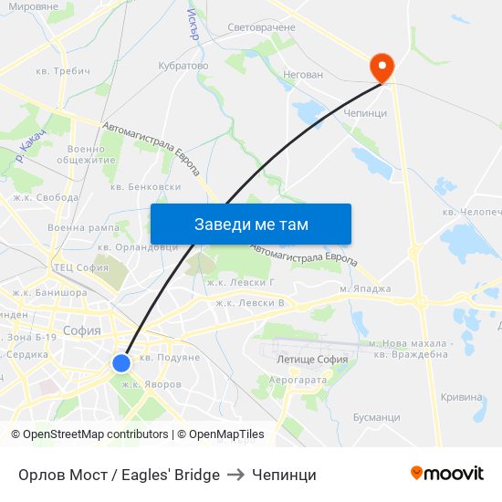 Орлов Мост / Eagles' Bridge to Чепинци map
