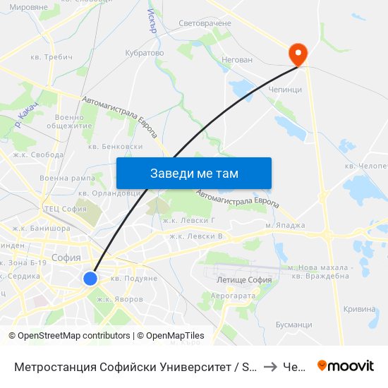 Метростанция Софийски Университет / Sofia University Metro Station (2827) to Чепинци map