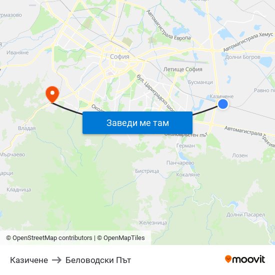 Казичене to Беловодски Път map