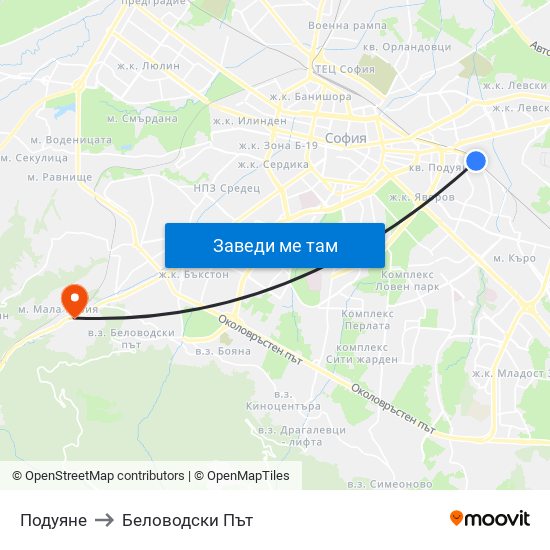 Подуяне to Беловодски Път map