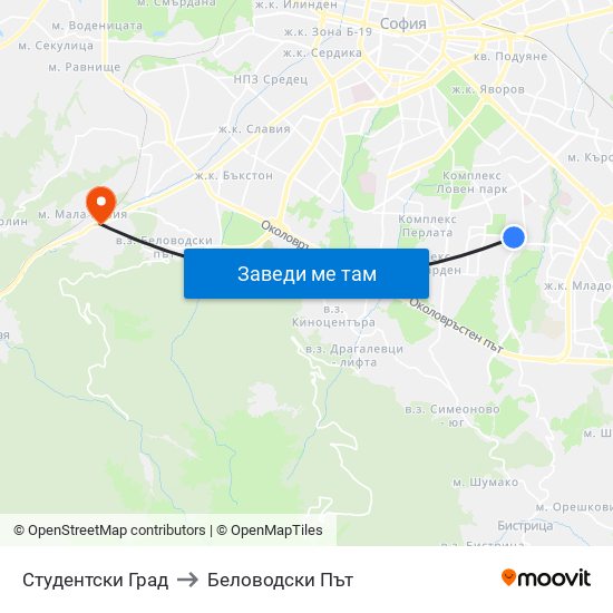 Студентски Град to Беловодски Път map