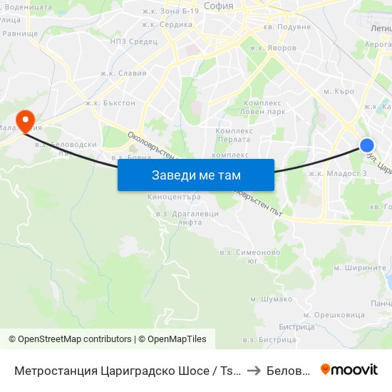 Метростанция Цариградско Шосе / Tsarigradsko Shosse Metro Station (1016) to Беловодски Път map