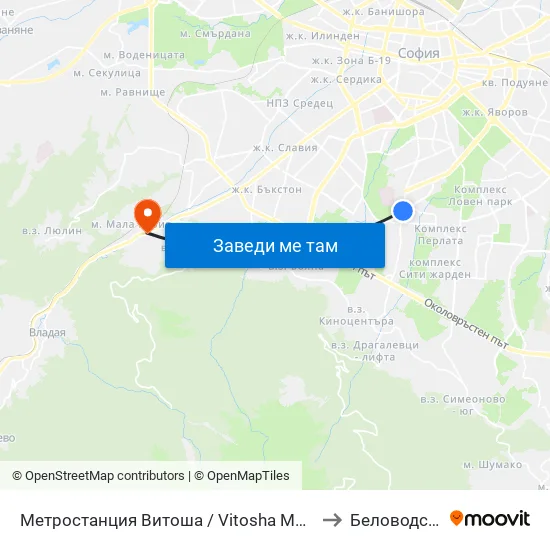 Ⓜ️ Метростанция Витоша / Vitosha Metro Station (2654) to Беловодски Път map