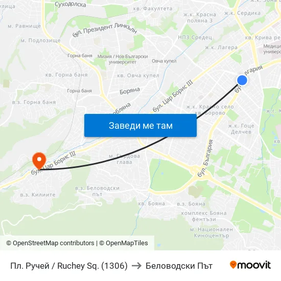 Пл. Ручей / Ruchey Sq. (1306) to Беловодски Път map