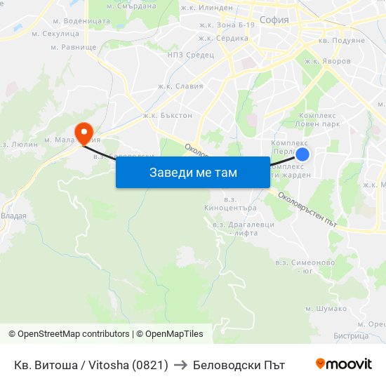 Кв. Витоша / Vitosha (0821) to Беловодски Път map