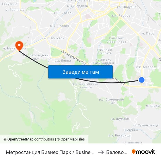 Метростанция Бизнес Парк / Business Park Metro Station (2490) to Беловодски Път map