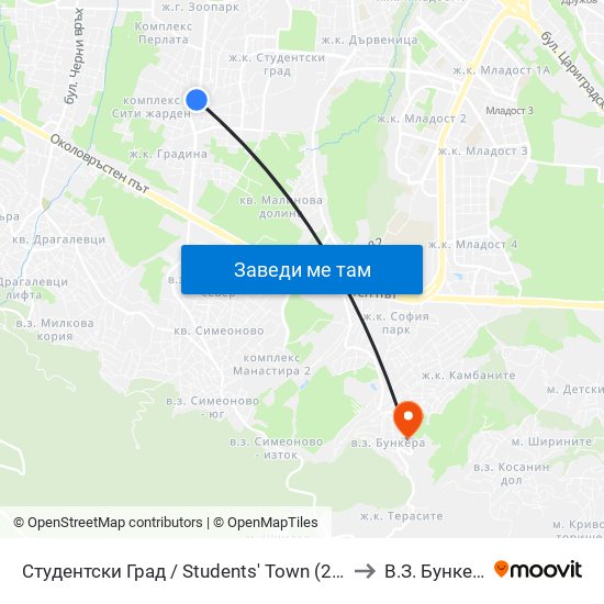 Студентски Град / Students' Town (2382) to В.З. Бункера map