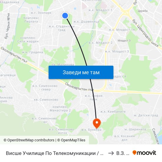 Висше Училище По Телекомуникации / University Of Telecommunications And Post (1396) to В.З. Бункера map
