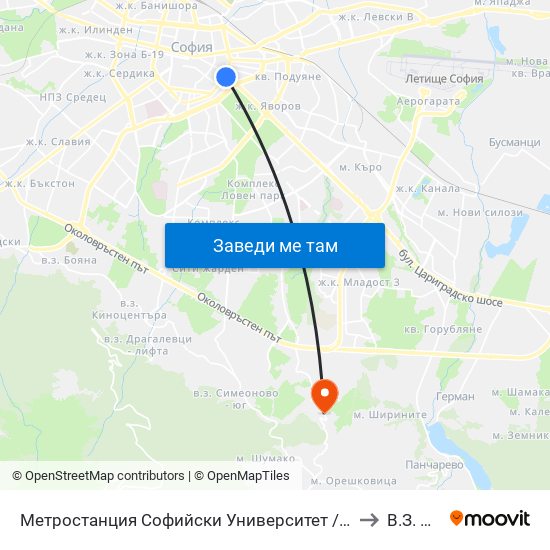 Метростанция Софийски Университет / Sofia University Metro Station (2827) to В.З. Бункера map