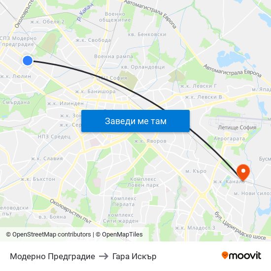 Модерно Предградие to Гара Искър map