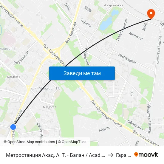Ⓜ️ Метростанция Акад. Александър Теодоров - Балан / Akademik Aleksandar Teodorov - Balan Metro Station (1917) to Гара Искър map