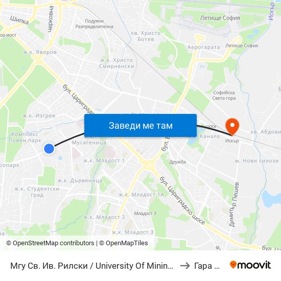 Мгу Св. Ив. Рилски / University Of Mining And Geology (1033) to Гара Искър map
