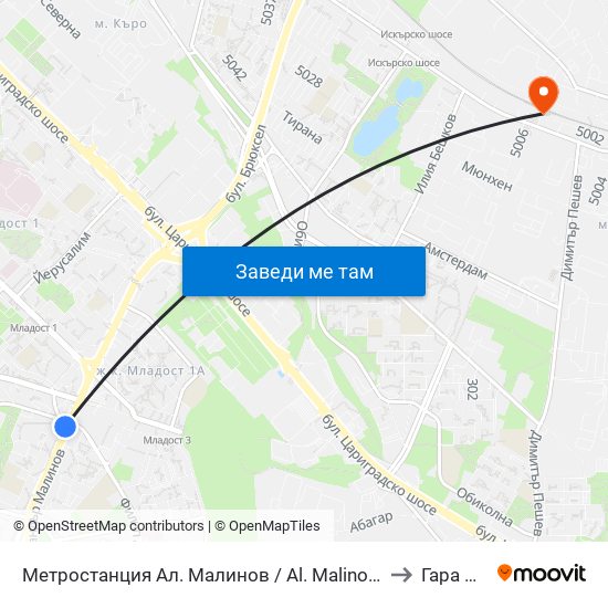 Метростанция Ал. Малинов / Al. Malinov Metro Station (0169) to Гара Искър map