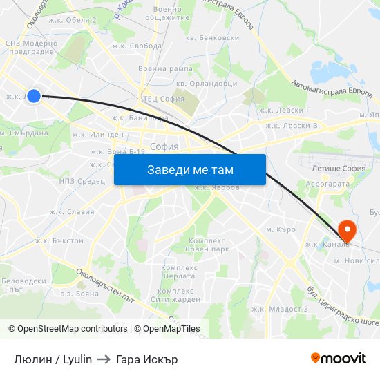 Люлин / Lyulin to Гара Искър map