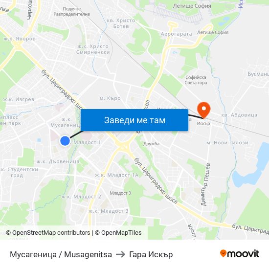 Мусагеница /  Musagenitsa to Гара Искър map