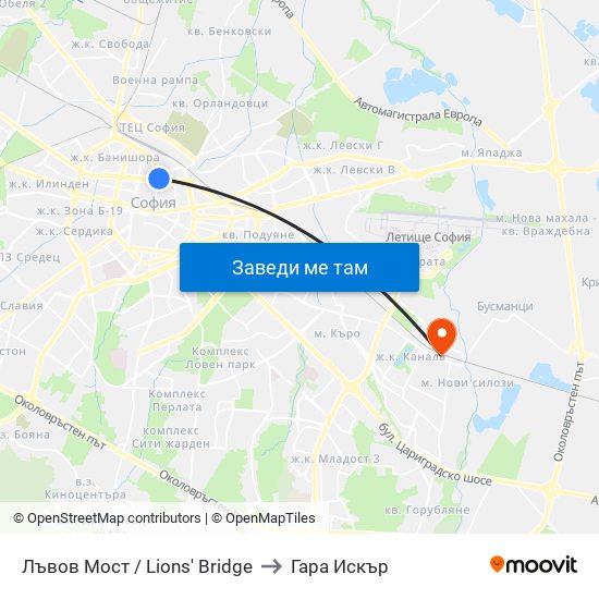 Лъвов Мост / Lions' Bridge to Гара Искър map