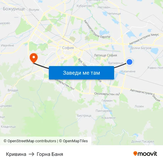Кривина to Горна Баня map