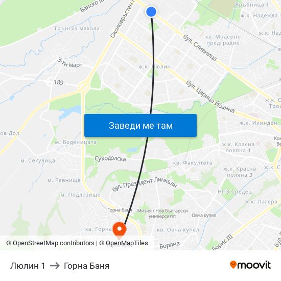 Люлин 1 to Горна Баня map