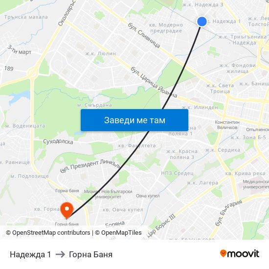 Надежда 1 to Горна Баня map
