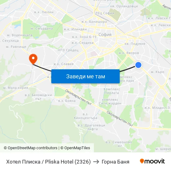 Хотел Плиска / Pliska Hotel (2326) to Горна Баня map