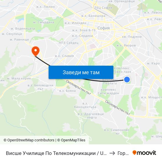 Висше Училище По Телекомуникации / University Of Telecommunications And Post (1396) to Горна Баня map