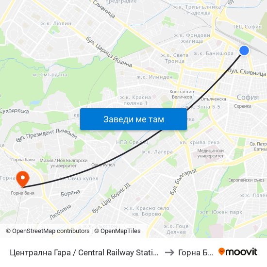 Централна Гара / Central Railway Station (1327) to Горна Баня map