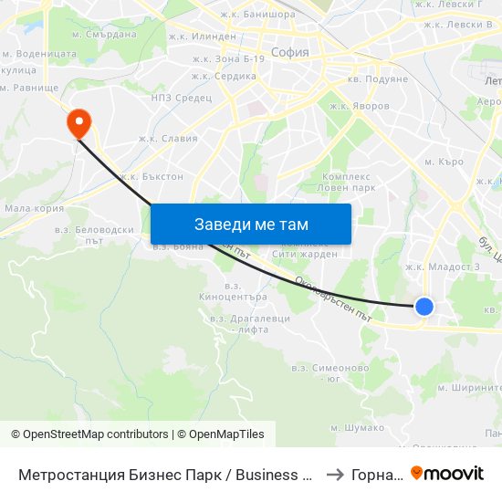 Метростанция Бизнес Парк / Business Park Metro Station (2490) to Горна Баня map