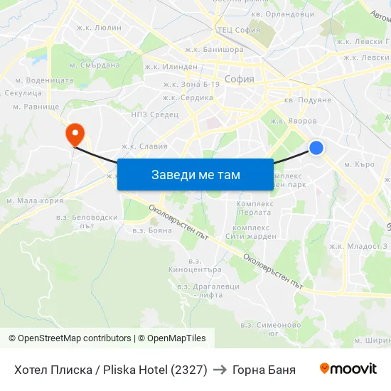 Хотел Плиска / Pliska Hotel (2327) to Горна Баня map
