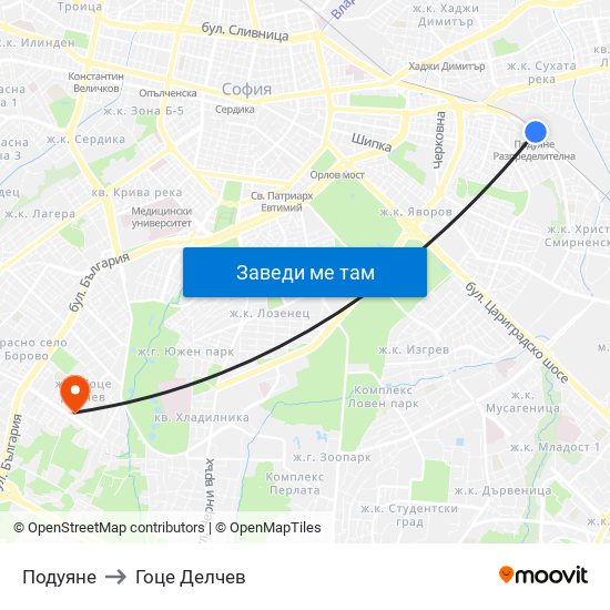 Подуяне to Гоце Делчев map