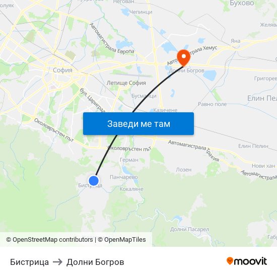 Бистрица to Долни Богров map