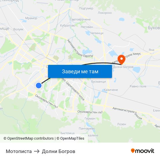 Мотописта to Долни Богров map