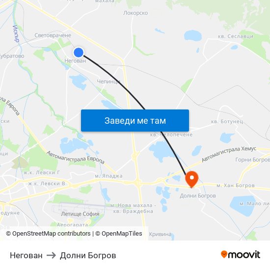 Негован to Долни Богров map