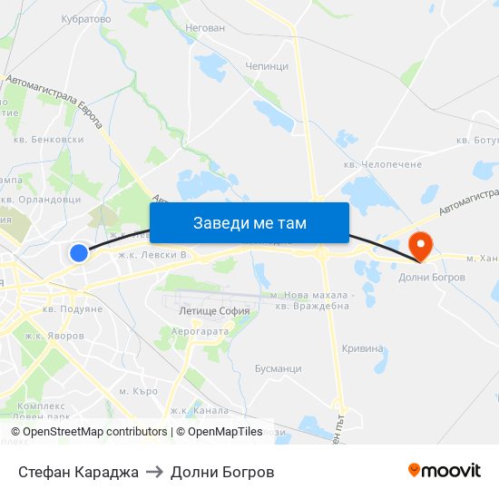 Стефан Караджа to Долни Богров map