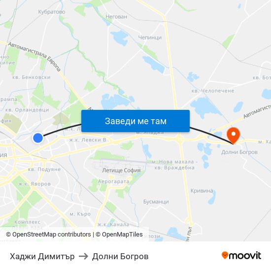 Хаджи Димитър to Долни Богров map