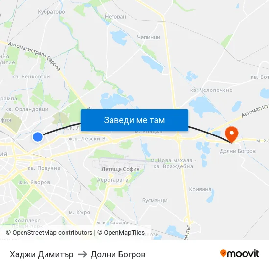 Хаджи Димитър to Долни Богров map
