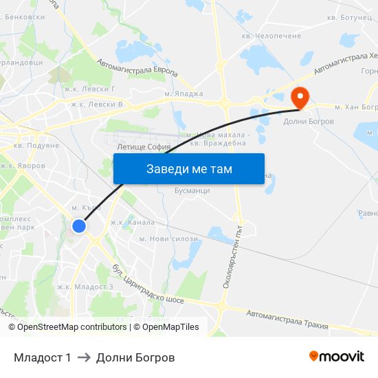 Младост 1 to Долни Богров map