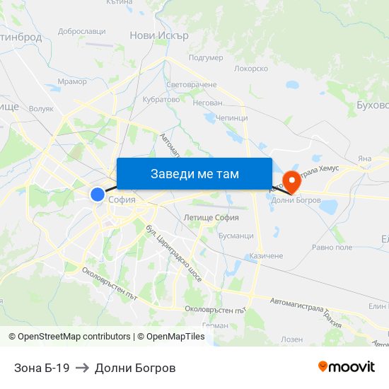 Зона Б-19 to Долни Богров map