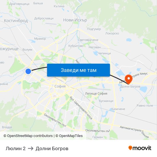 Люлин 2 to Долни Богров map