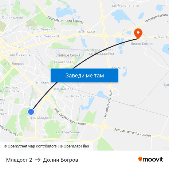 Младост 2 to Долни Богров map