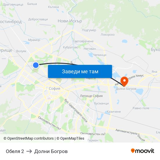 Обеля 2 to Долни Богров map