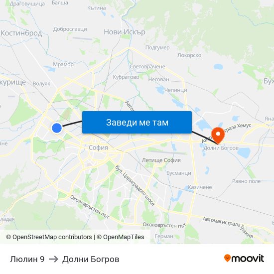 Люлин 9 to Долни Богров map