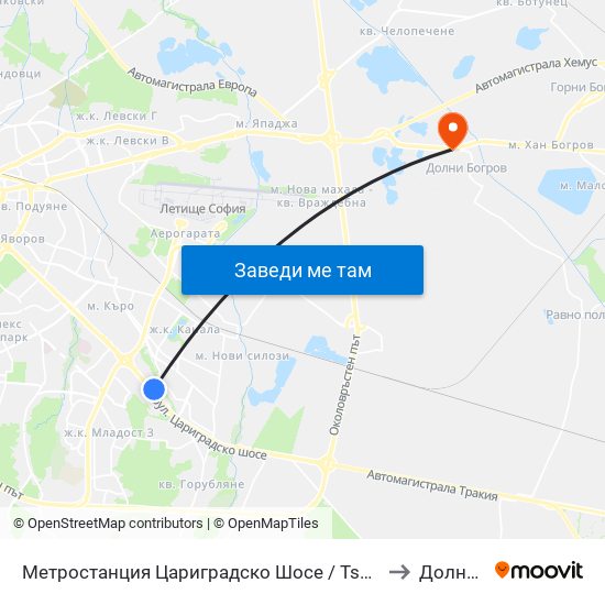 Метростанция Цариградско Шосе / Tsarigradsko Shosse Metro Station (1016) to Долни Богров map