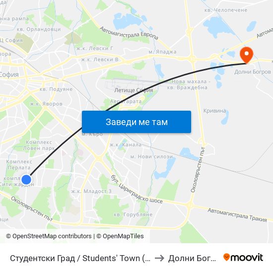 Студентски Град / Students' Town (2382) to Долни Богров map