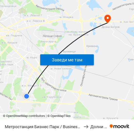 Метростанция Бизнес Парк / Business Park Metro Station (2490) to Долни Богров map