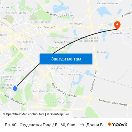 Бл. 60 - Студенстки Град / Bl. 60, Students' Town (2507) to Долни Богров map