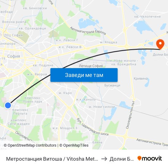 Метростанция Витоша / Vitosha Metro Station (2755) to Долни Богров map