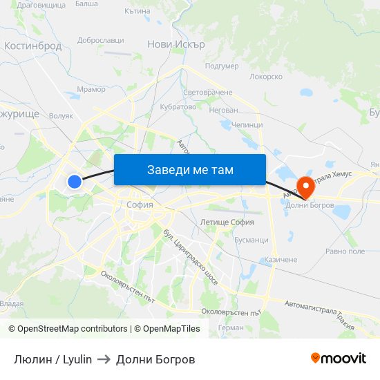 Люлин / Lyulin to Долни Богров map