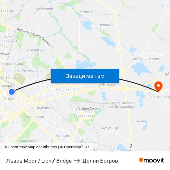 Лъвов Мост / Lions' Bridge to Долни Богров map