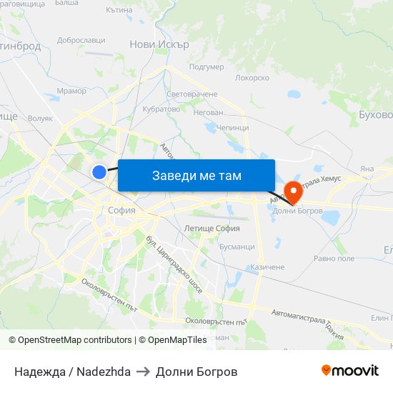Надежда / Nadezhda to Долни Богров map