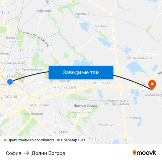 София to Долни Богров map